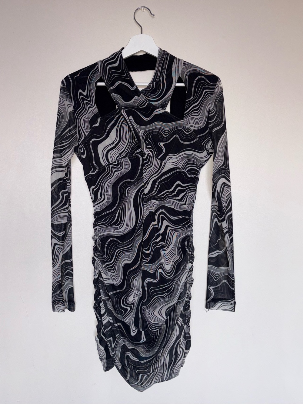 Dynamite Black & White Swirl Mesh Cutout Mini Dress